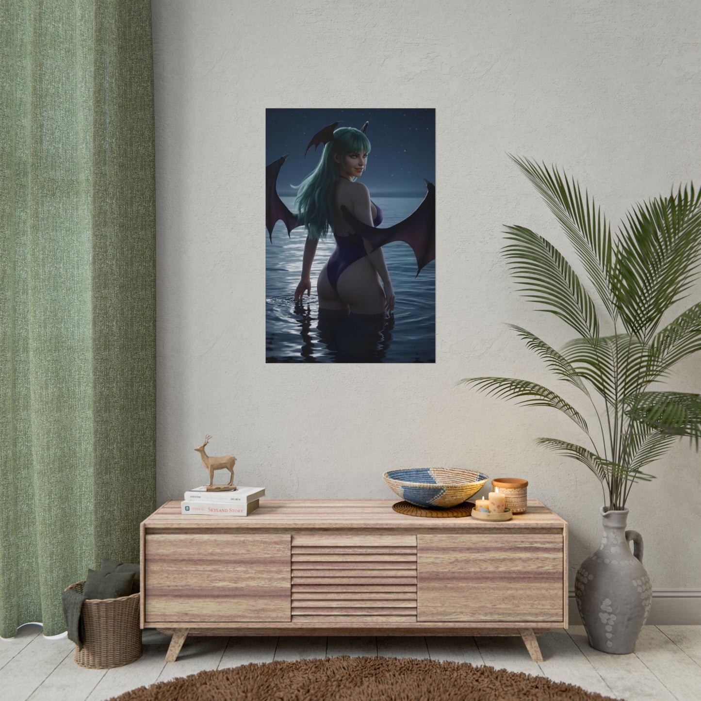 Darkstalkers Poster – Morrigan Aensland Art Print, Fantasy Game Wall Art showing Morrigan by moonlit ocean with bat wings in gothic fantasy poster