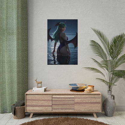 Darkstalkers Poster – Morrigan Aensland Art Print, Fantasy Game Wall Art showing Morrigan by moonlit ocean with bat wings in gothic fantasy poster