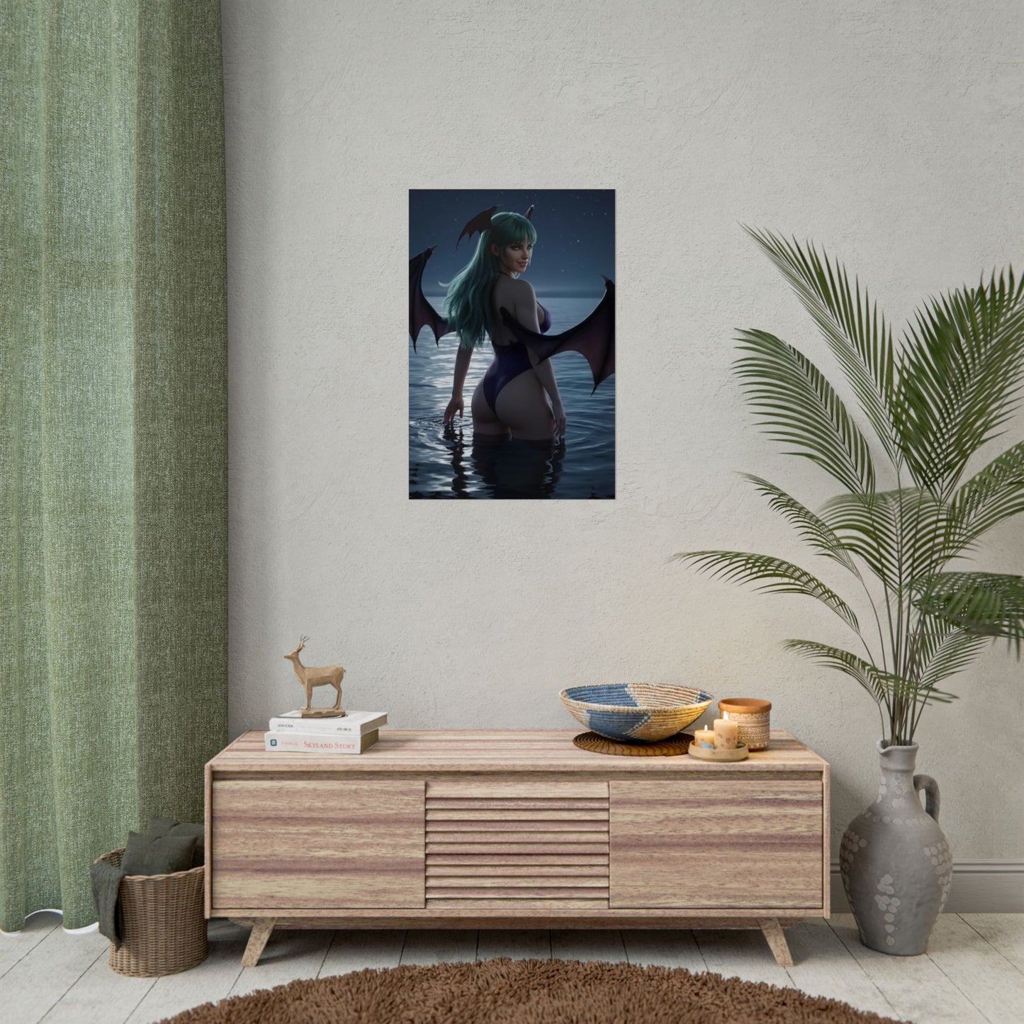 Darkstalkers Poster – Morrigan Aensland Art Print, Fantasy Game Wall Art - moonlit succubus poster with bat wings over ocean