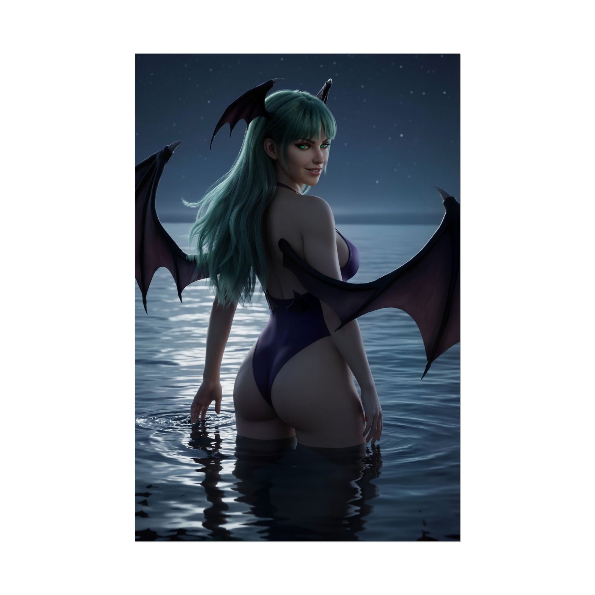 Darkstalkers Poster – Morrigan Aensland Art Print, Fantasy Game Wall Art showing Morrigan standing in moonlit ocean with bat wings and gothic night sky