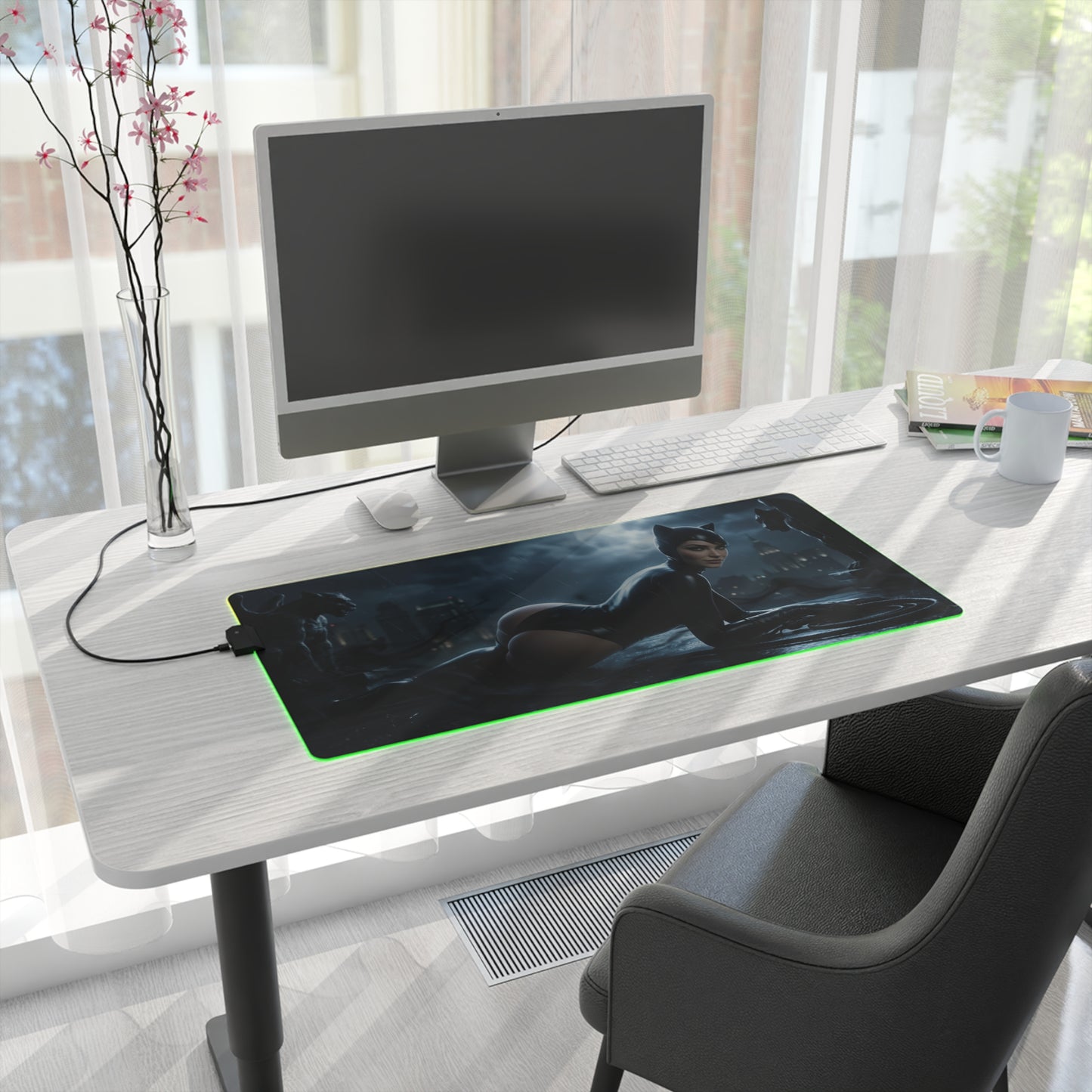 DC Mouse Pad, Catwoman Illuminated LED Desk Mat, Gift for Gamer, Superhero Room Decor — sleek Catwoman rooftop LED gaming desk mat