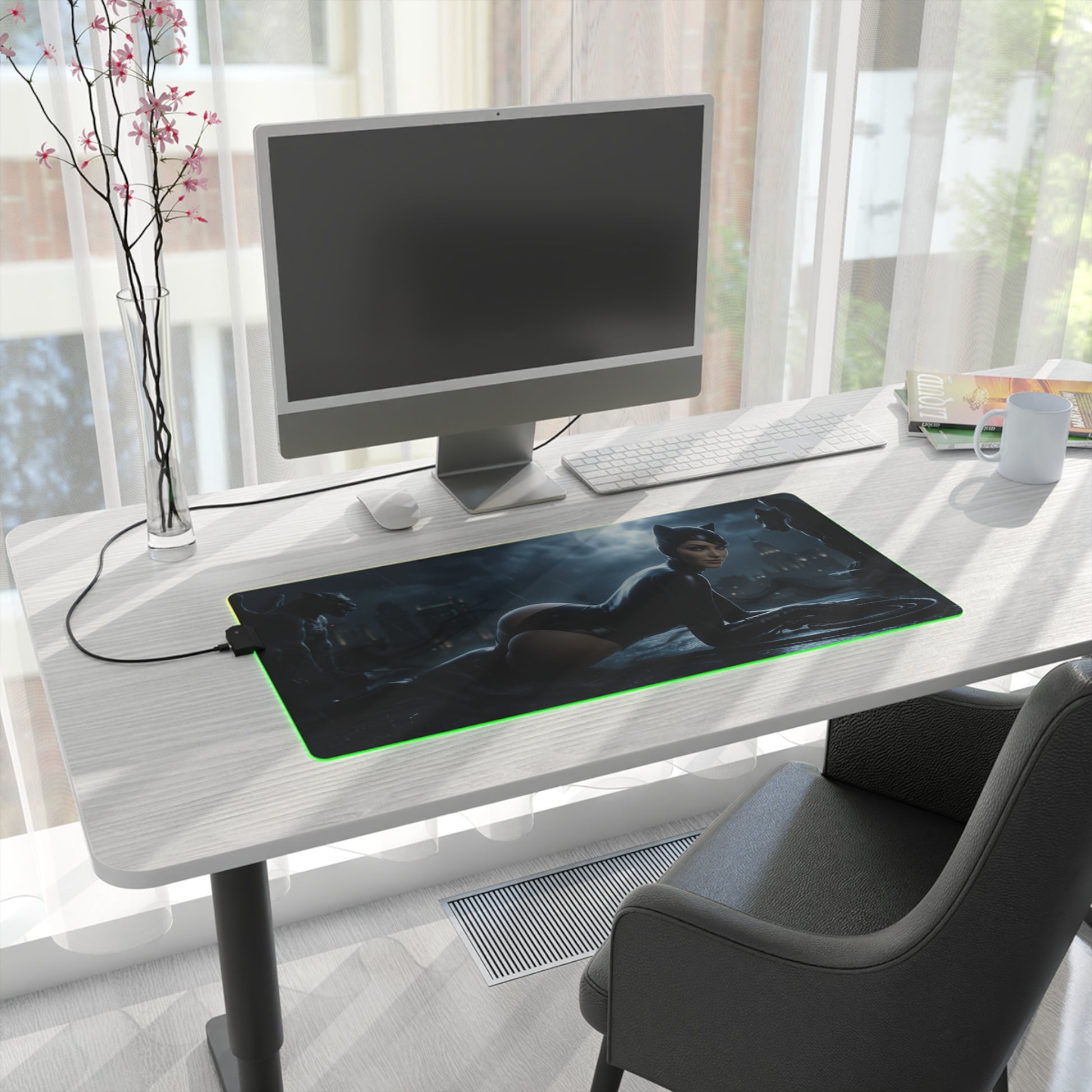 DC Mouse Pad, Catwoman Illuminated LED Desk Mat, Gift for Gamer, Superhero Room Decor — sleek Catwoman rooftop LED gaming desk mat