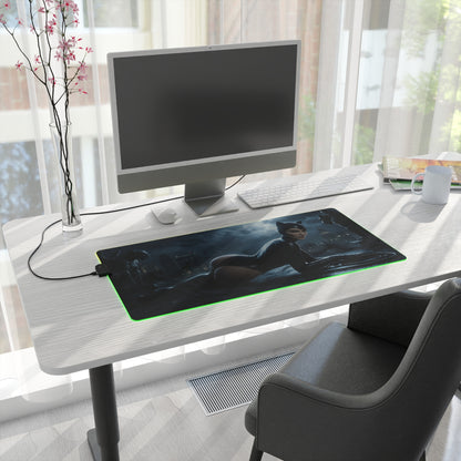 DC Mouse Pad, Catwoman Illuminated LED Desk Mat, Gift for Gamer, Superhero Room Decor — sleek Catwoman rooftop LED gaming desk mat