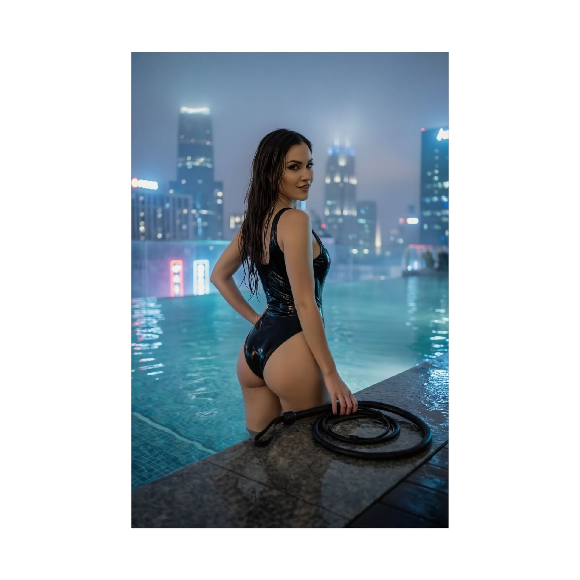 Alt Tag: DC Comics Poster – Catwoman Art Print, Superhero Wall Art – cinematic rooftop pool scene with Catwoman in sleek outfit overlooking glowing city skyline