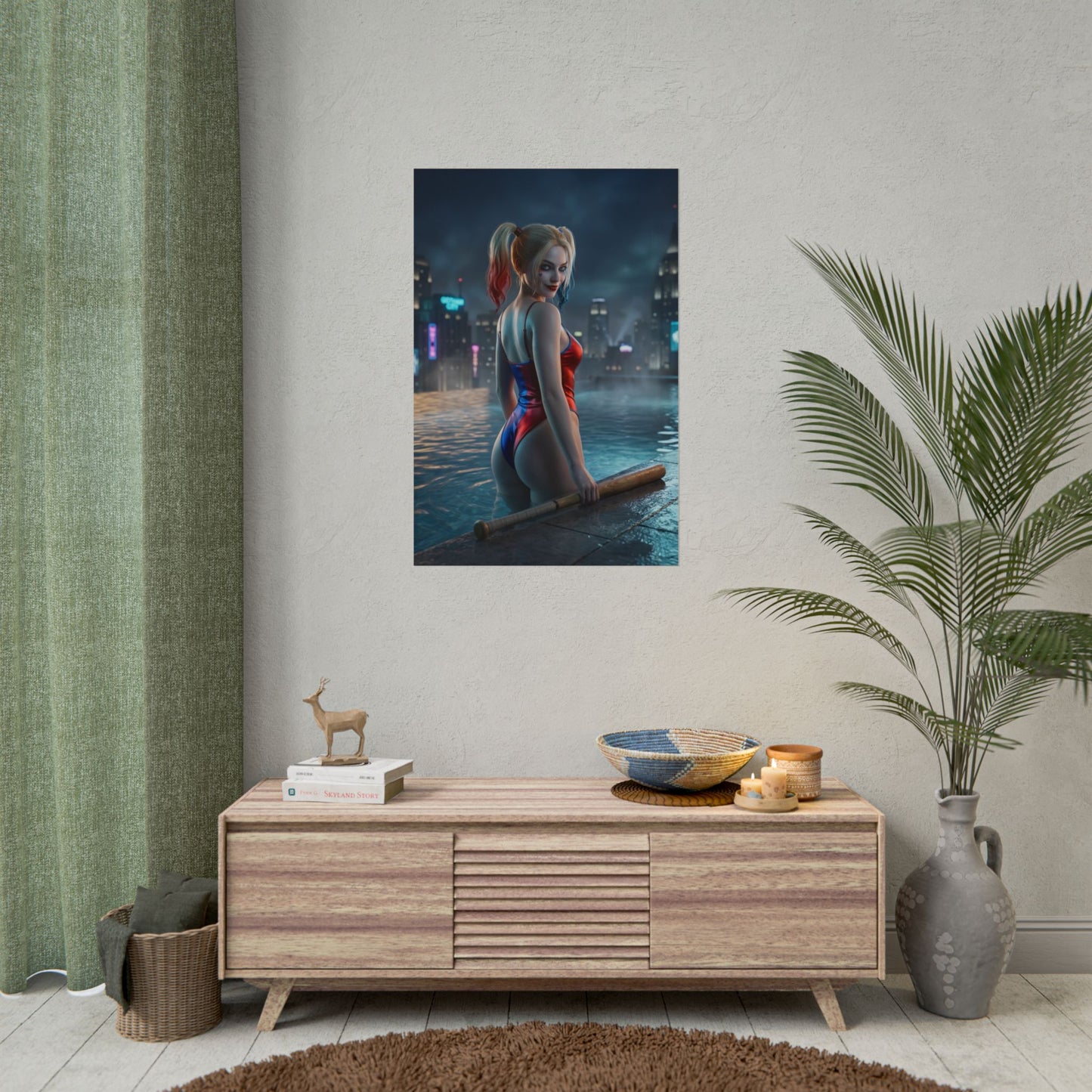 DC Comics Poster – Harley Quinn Art Print, Gotham Character Wall Art - rooftop pool portrait of Harley Quinn overlooking Gotham skyline