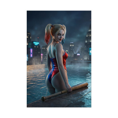 DC Comics Poster – Harley Quinn Art Print, Gotham Character Wall Art – Harley Quinn rooftop pool at night with bat, neon Gotham skyline