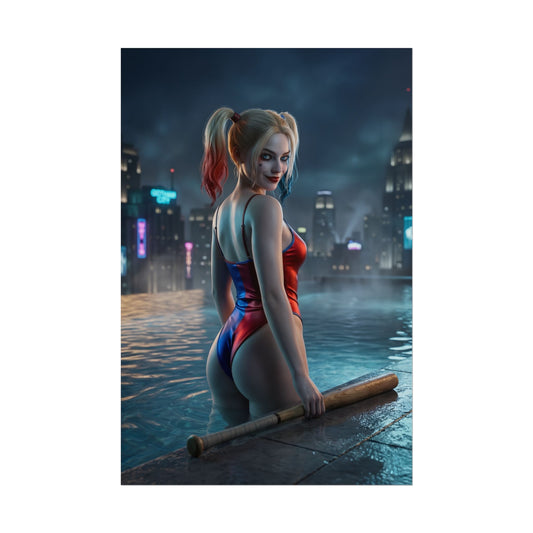 DC Comics Poster – Harley Quinn Art Print, Gotham Character Wall Art – Harley Quinn rooftop pool at night with bat, neon Gotham skyline