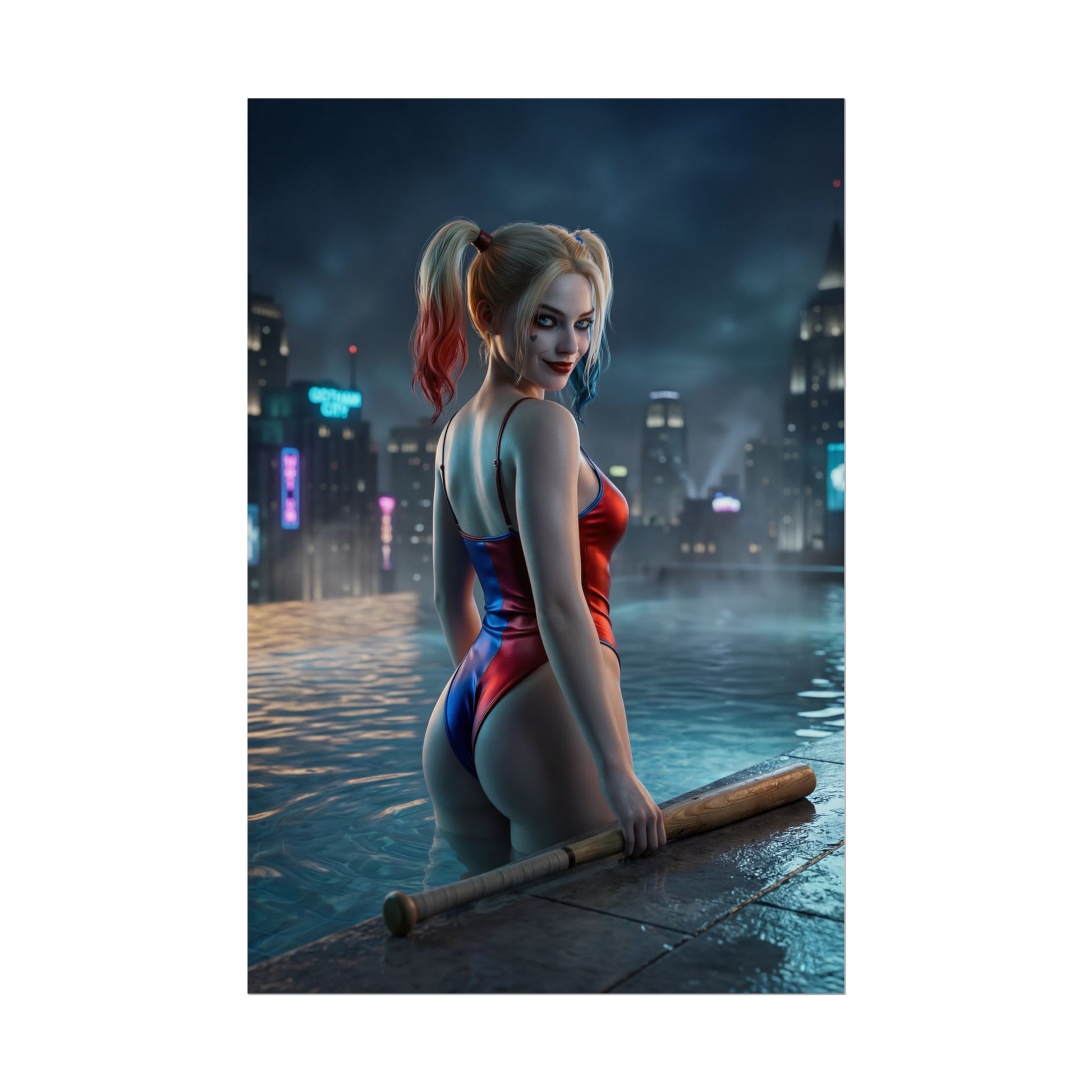 DC Comics Poster – Harley Quinn Art Print, Gotham Character Wall Art featuring Harley Quinn in rooftop pool with Gotham skyline at night