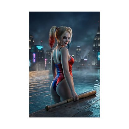 DC Comics Poster – Harley Quinn Art Print, Gotham Character Wall Art featuring Harley Quinn in rooftop pool with Gotham skyline at night