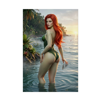 DC Comics Poster – Poison Ivy Art Print, Gotham Character Wall Art of Poison Ivy wading in tropical water at sunset, lush jungle backdrop