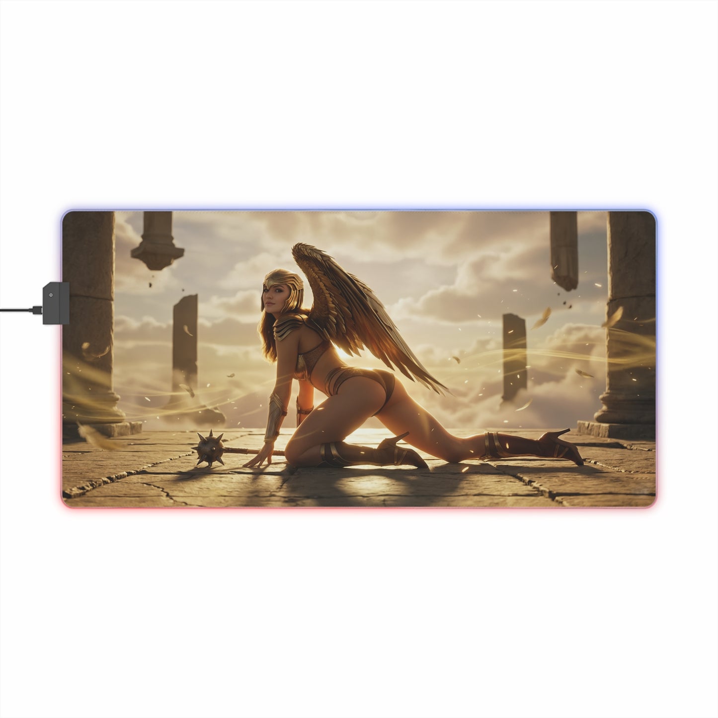 DC Mouse Pad, Hawkgirl LED RGB Desk Mat, Gift for Gamer, Fantasy Superhero Decor showing Hawkgirl in golden armor with wings on illuminated gaming desk mat