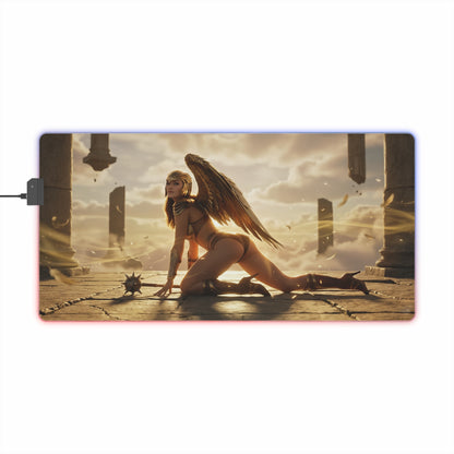 DC Mouse Pad, Hawkgirl LED RGB Desk Mat, Gift for Gamer, Fantasy Superhero Decor showing Hawkgirl in golden armor with wings on illuminated gaming desk mat