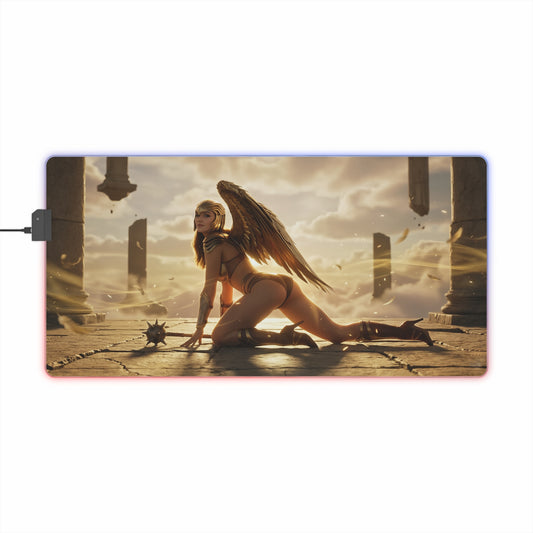 DC Mouse Pad, Hawkgirl LED RGB Desk Mat, Gift for Gamer, Fantasy Superhero Decor showing Hawkgirl in golden armor with wings on illuminated gaming desk mat