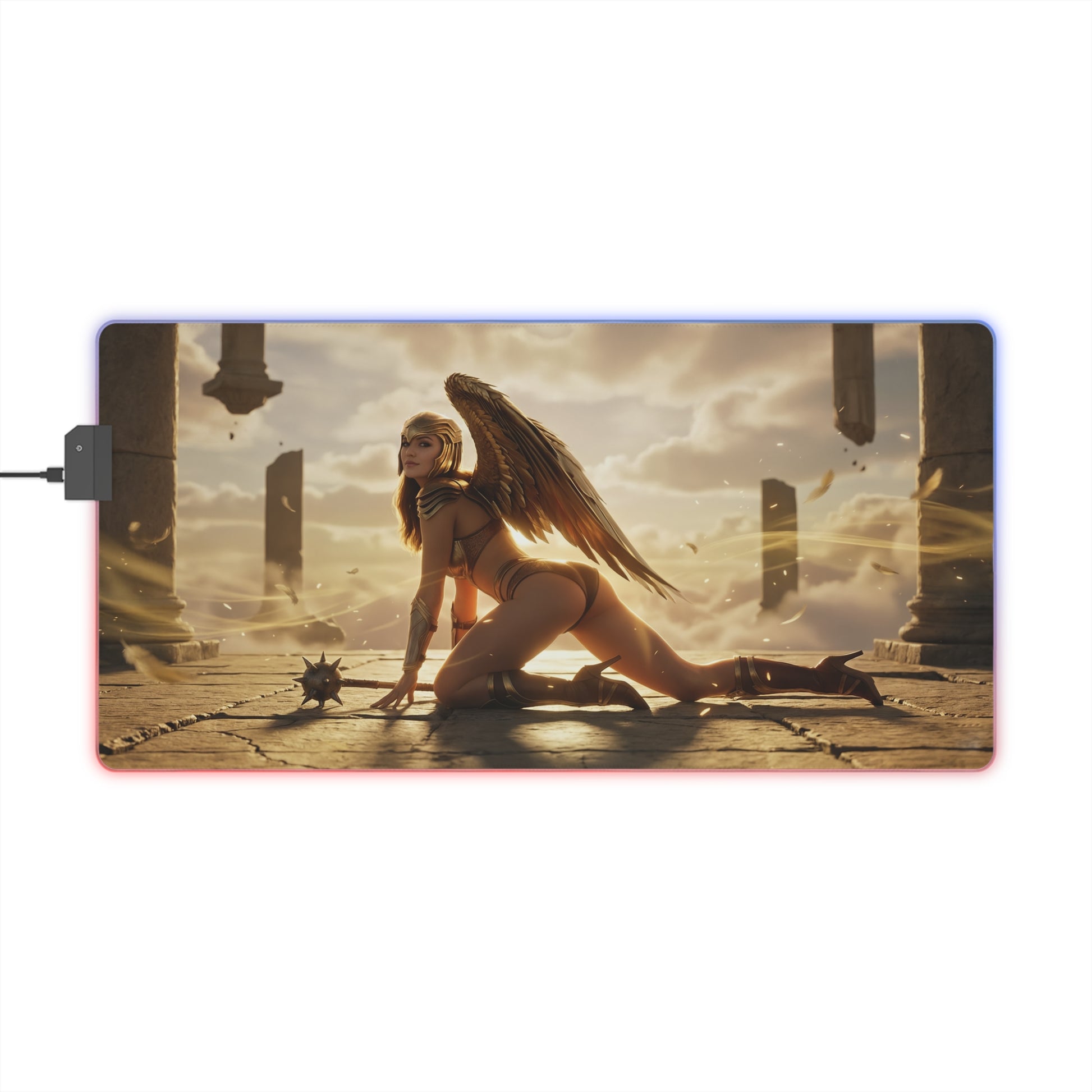 DC Mouse Pad, Hawkgirl LED RGB Desk Mat, Gift for Gamer, Fantasy Superhero Decor — Hawkgirl artwork on RGB desk mat with golden armor and non-slip base