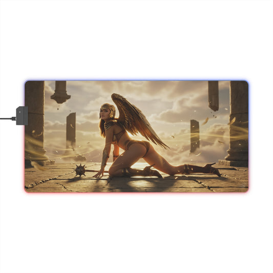 DC Mouse Pad, Hawkgirl LED RGB Desk Mat, Gift for Gamer, Fantasy Superhero Decor — Hawkgirl artwork on RGB desk mat with golden armor and non-slip base