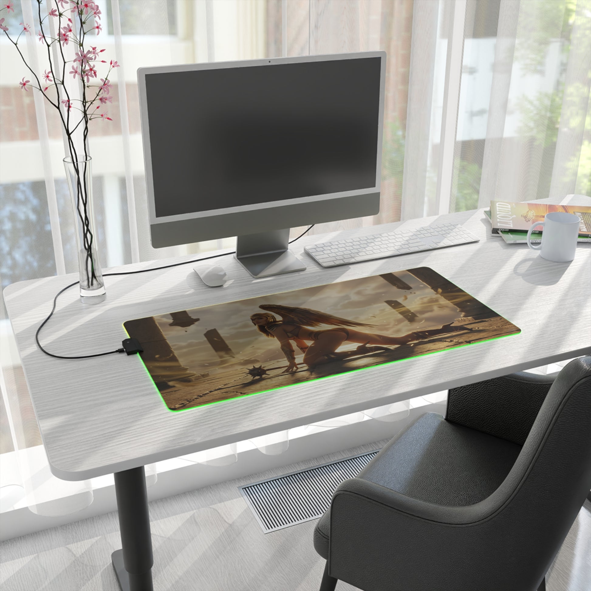 DC Mouse Pad, Hawkgirl LED RGB Desk Mat, Gift for Gamer, Fantasy Superhero Decor on a gaming desk with LED glow and Hawkgirl artwork