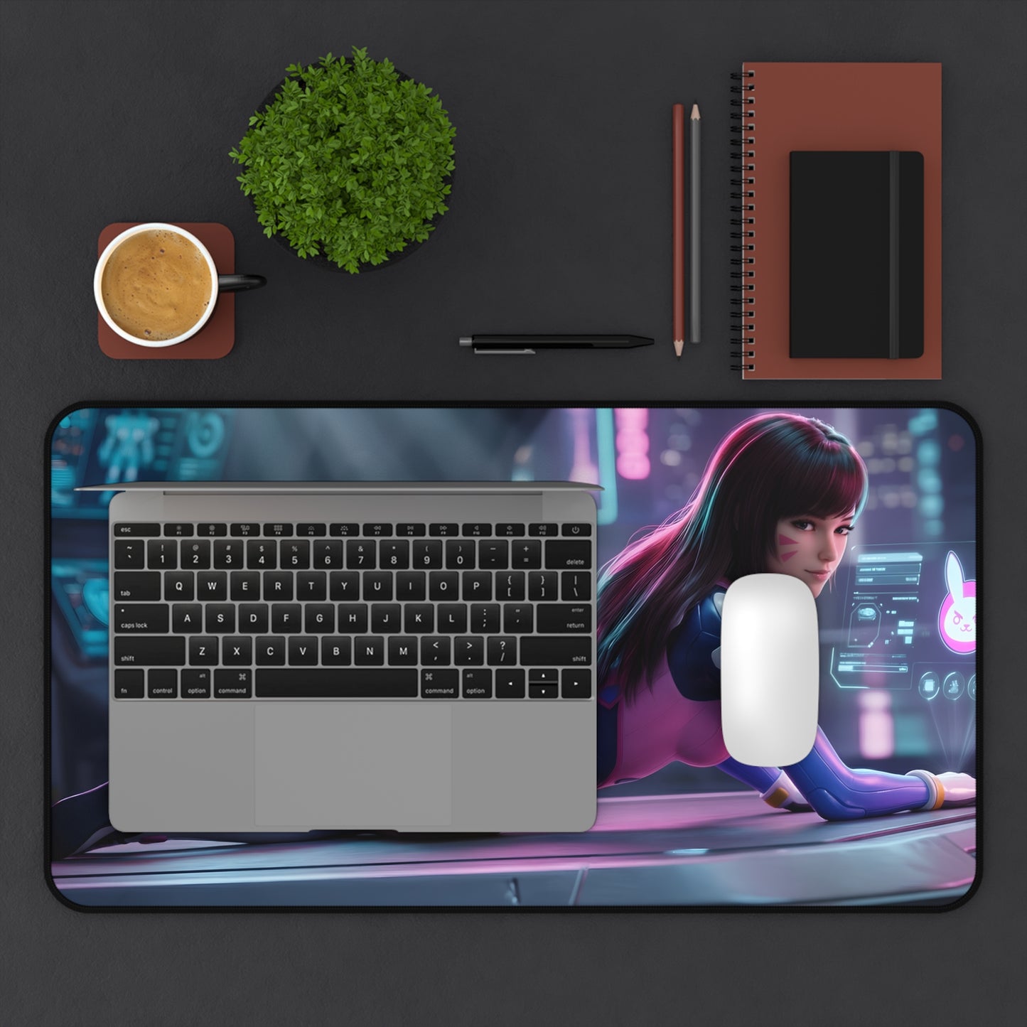 D.Va Mouse Pad – Overwatch Gaming Mouse Pad, Stylish Gamer Desk Decor showing D.Va artwork on a premium gaming desk pad with laptop and mouse