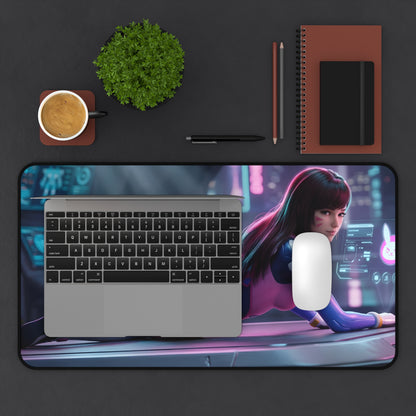 D.Va Mouse Pad – Overwatch Gaming Mouse Pad, Stylish Gamer Desk Decor showing D.Va artwork on a premium gaming desk pad with laptop and mouse