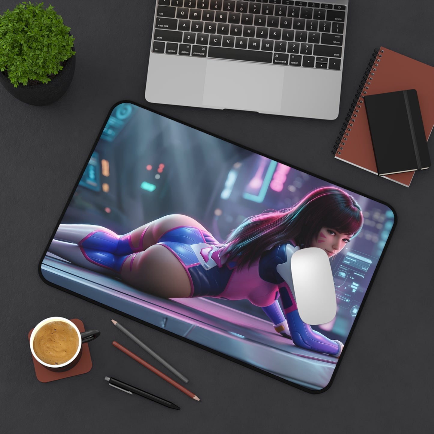 D.Va Mouse Pad – Overwatch Gaming Mouse Pad, Stylish Gamer Desk Decor on modern gaming desk with vibrant D.Va artwork and stitched edges