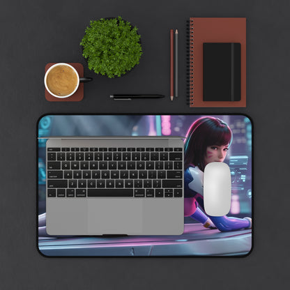 D.Va Mouse Pad – Overwatch Gaming Mouse Pad, Stylish Gamer Desk Decor showing D.Va artwork on premium stitched gaming mouse pad under laptop