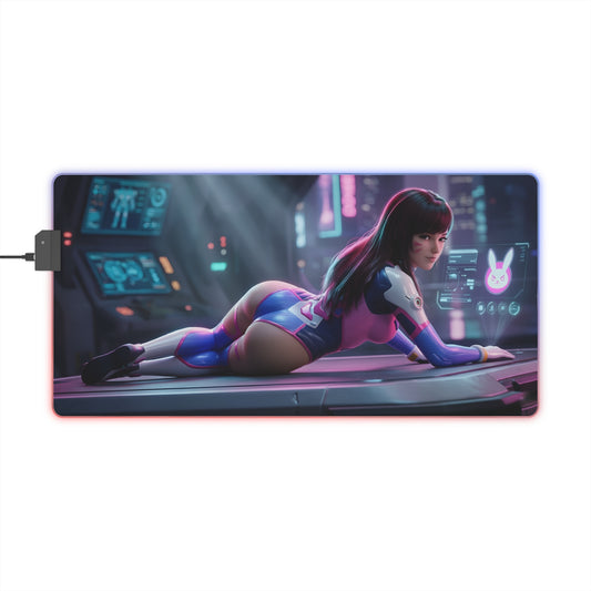 D.Va RGB Mouse Pad – Overwatch LED Desk Mat, Gamer Desk Decor showing D.Va artwork on extended RGB gaming desk mat