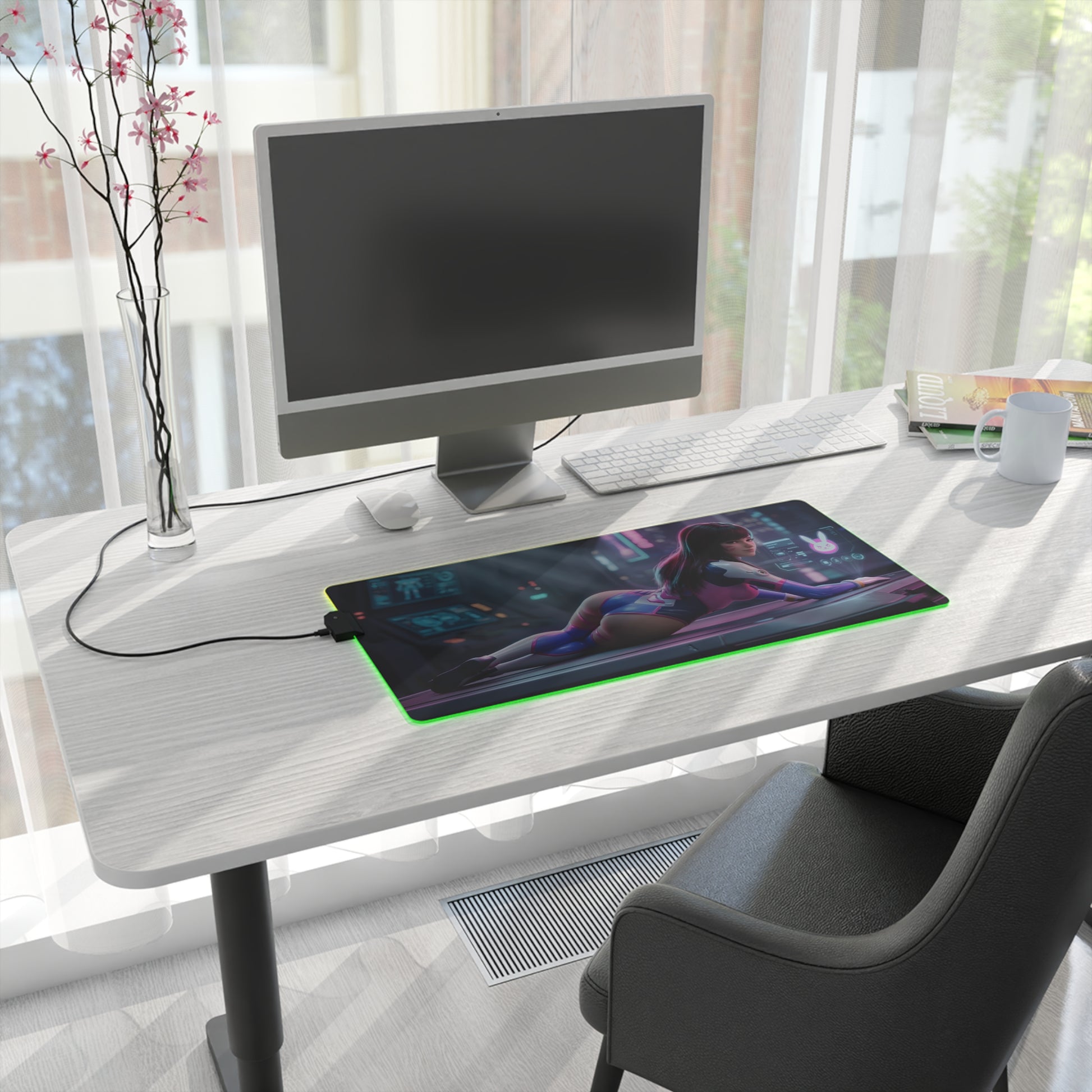 D.Va RGB Mouse Pad – Overwatch LED Desk Mat, Gamer Desk Decor on modern white desk with RGB lighting and Overwatch-inspired artwork