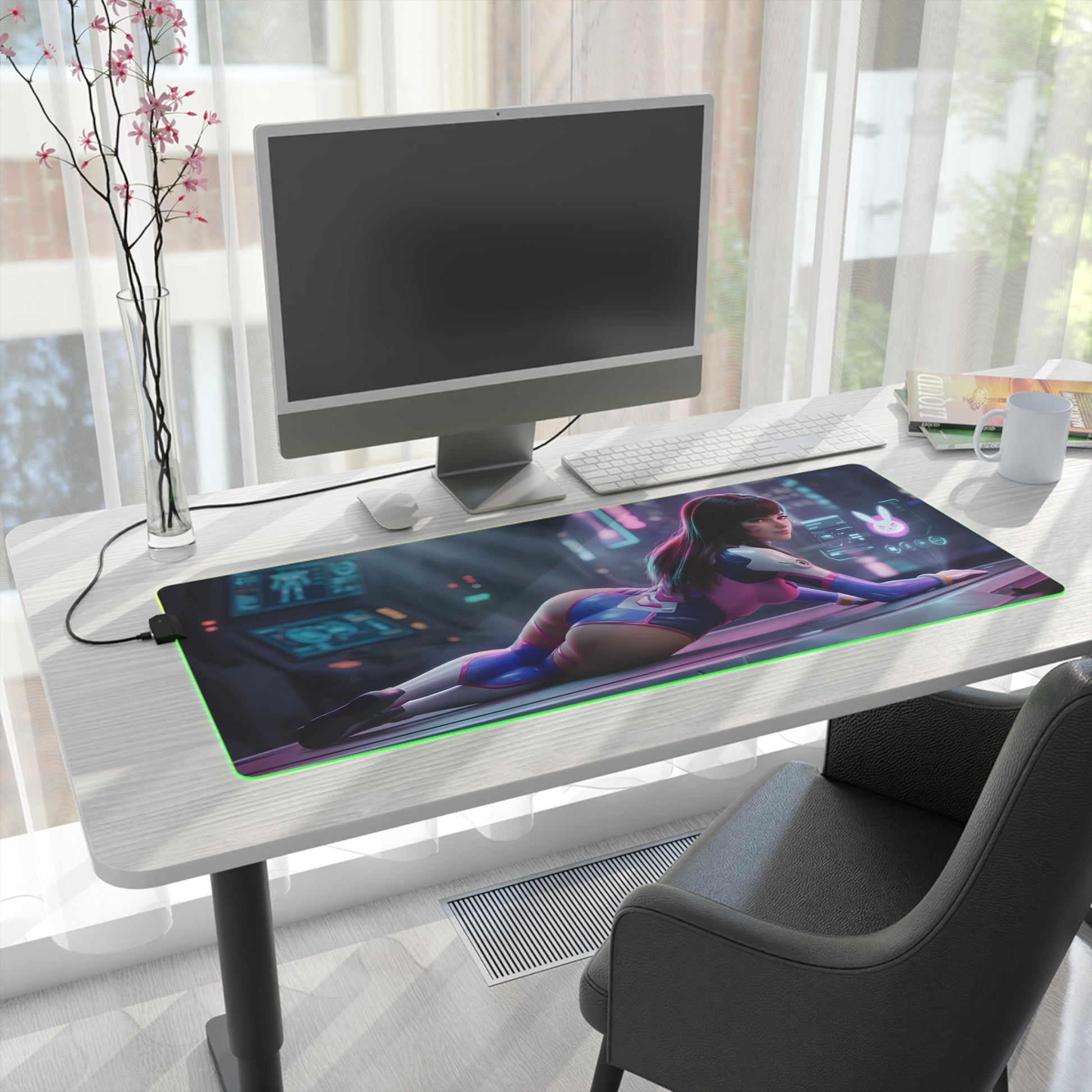 D.Va RGB Mouse Pad – Overwatch LED Desk Mat, Gamer Desk Decor on white desk with RGB edge lighting and extended gaming surface