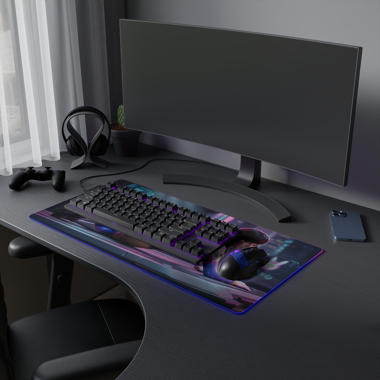 D.Va RGB Mouse Pad – Overwatch LED Desk Mat, Gamer Desk Decor on desktop with keyboard, mouse and RGB edge lighting
