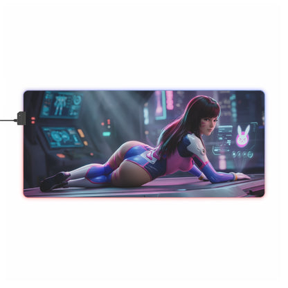 D.Va RGB Mouse Pad – Overwatch LED Desk Mat, Gamer Desk Decor featuring D.Va art on extended RGB gaming desk mat with non-slip base