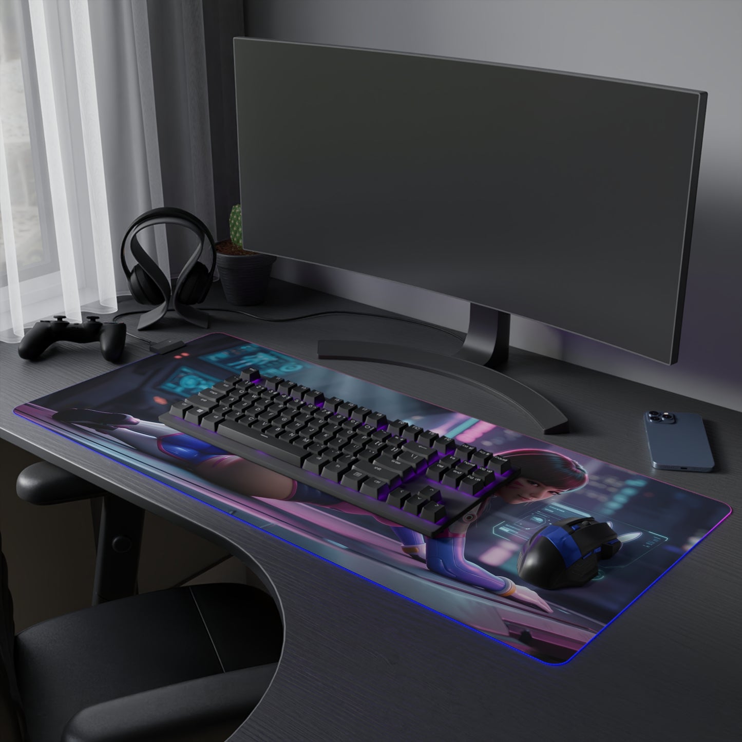 D.Va RGB Mouse Pad – Overwatch LED Desk Mat, Gamer Desk Decor on a home gaming desk with keyboard, mouse, and curved monitor