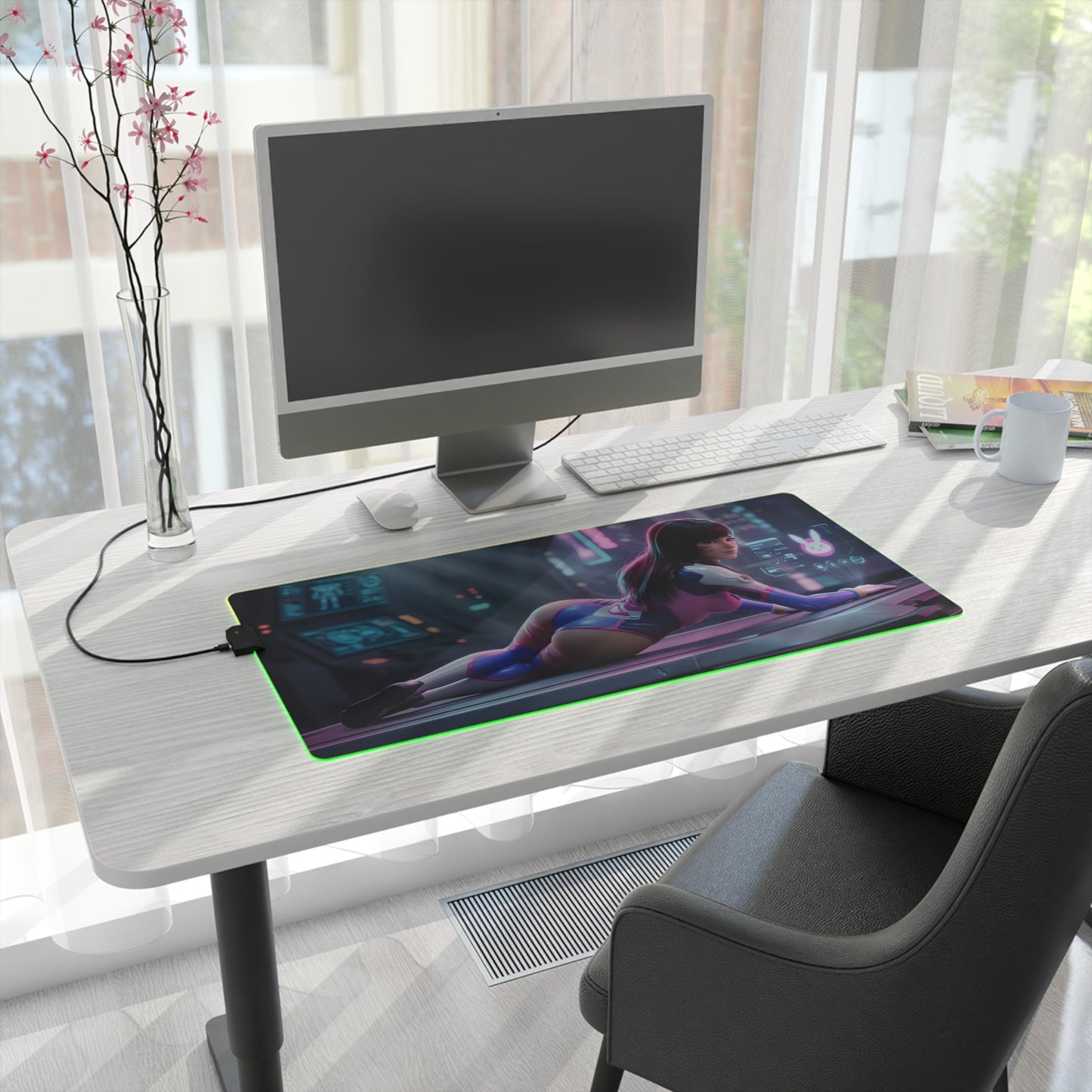 D.Va RGB Mouse Pad – Overwatch LED Desk Mat, Gamer Desk Decor on white desk with RGB lighting and full keyboard coverage