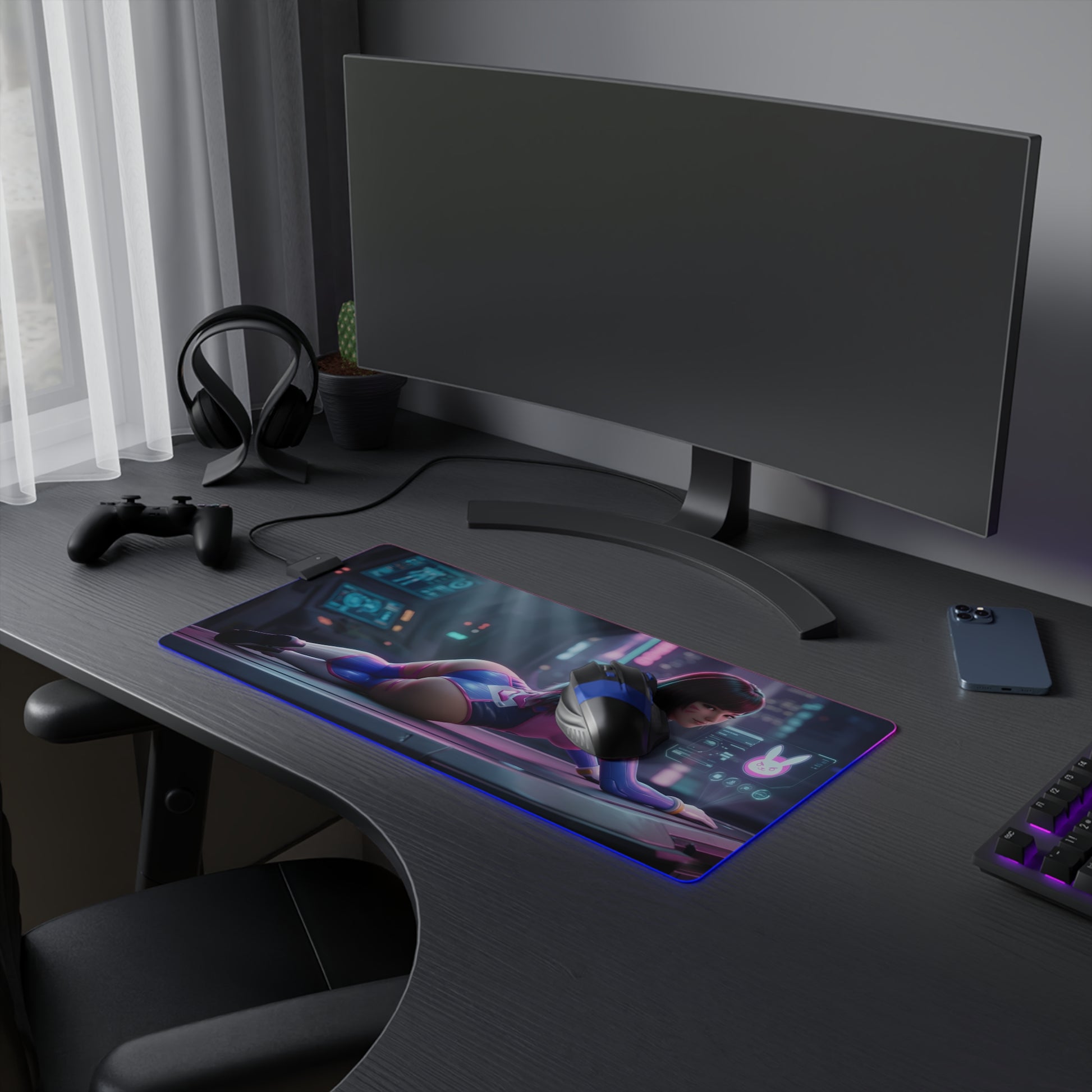D.Va RGB Mouse Pad – Overwatch LED Desk Mat, Gamer Desk Decor on modern gaming desk with headset, controller and RGB lighting