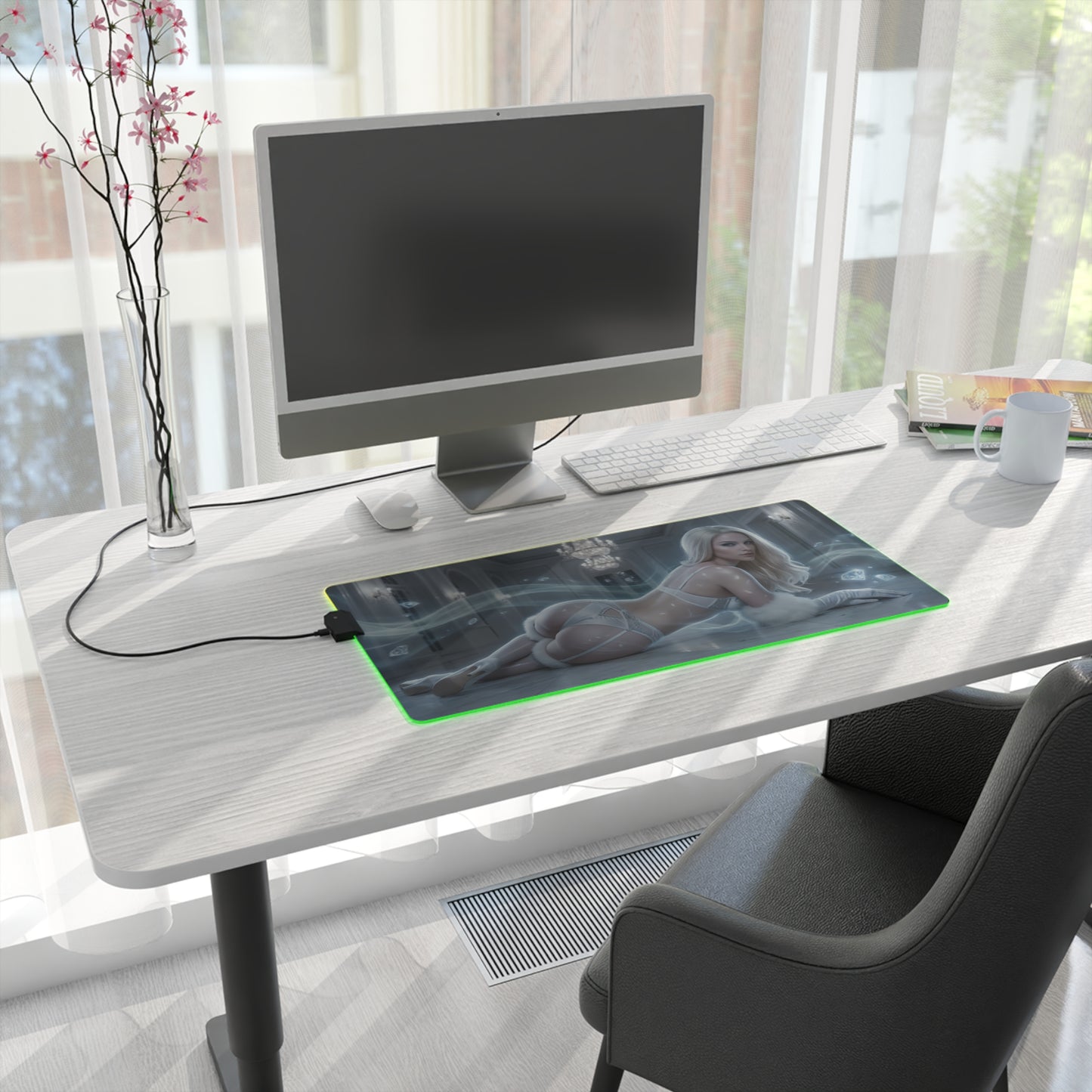 Marvel Mouse Pad, Emma Frost Illuminated LED Desk Mat, Gift for Gamer, Superhero Room Decor – LED desk mat with Emma Frost artwork on modern white gaming desk