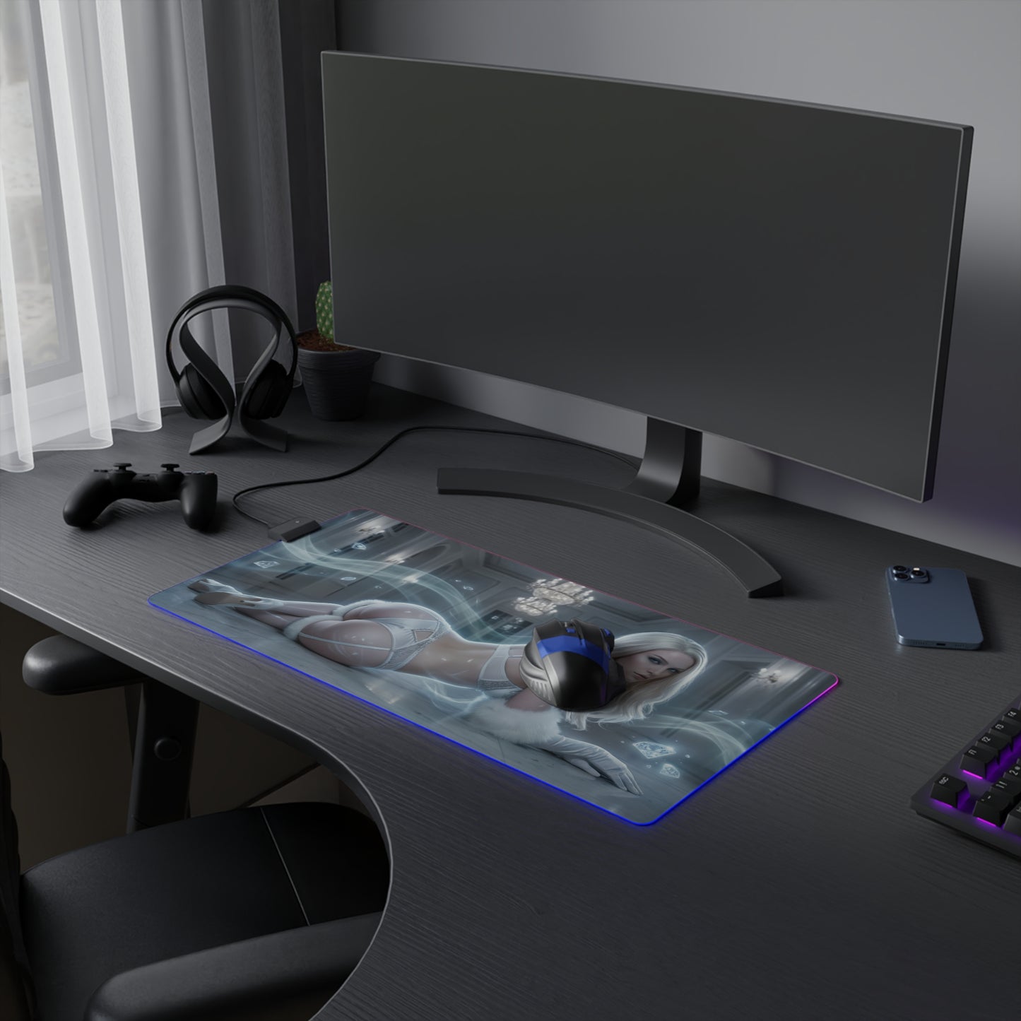 Marvel Mouse Pad, Emma Frost Illuminated LED Desk Mat on gaming desk with RGB edge lighting, luxury superhero room decor gift for gamer