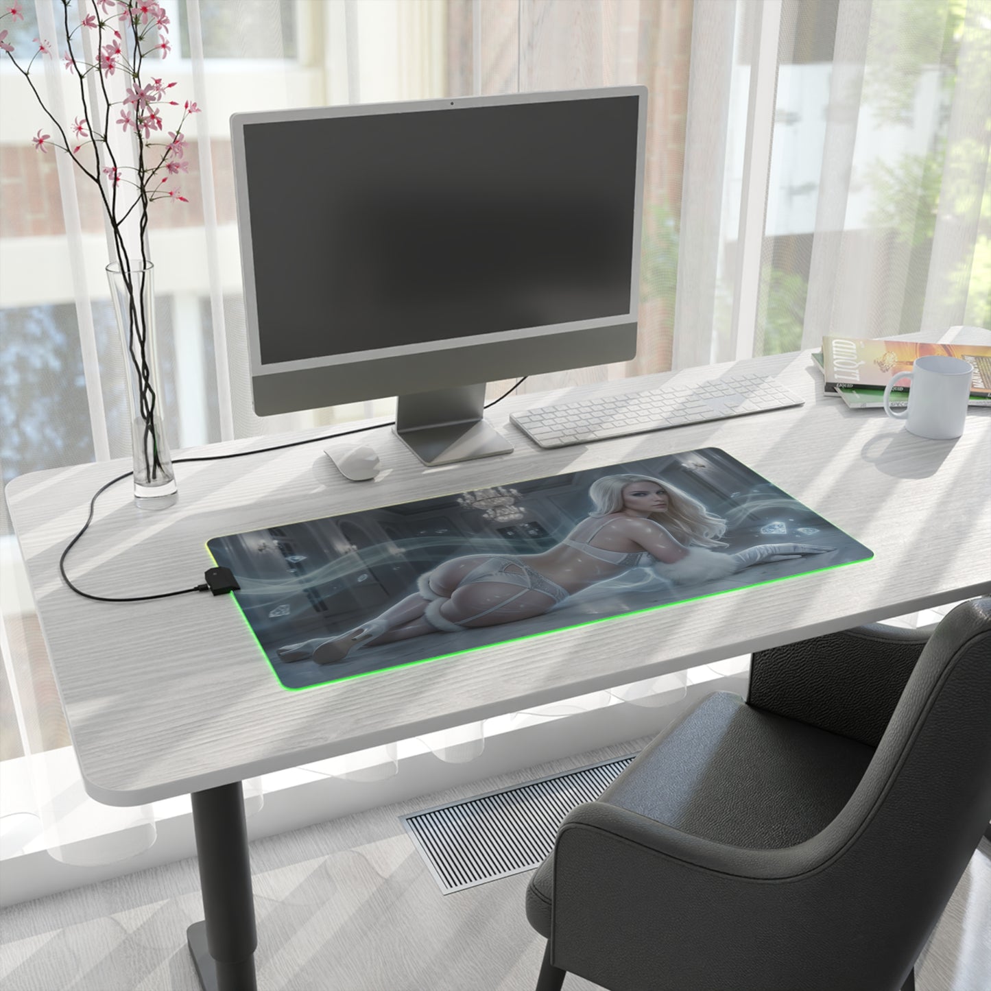 Marvel Mouse Pad, Emma Frost Illuminated LED Desk Mat, Gift for Gamer, Superhero Room Decor on modern white desk with PC setup