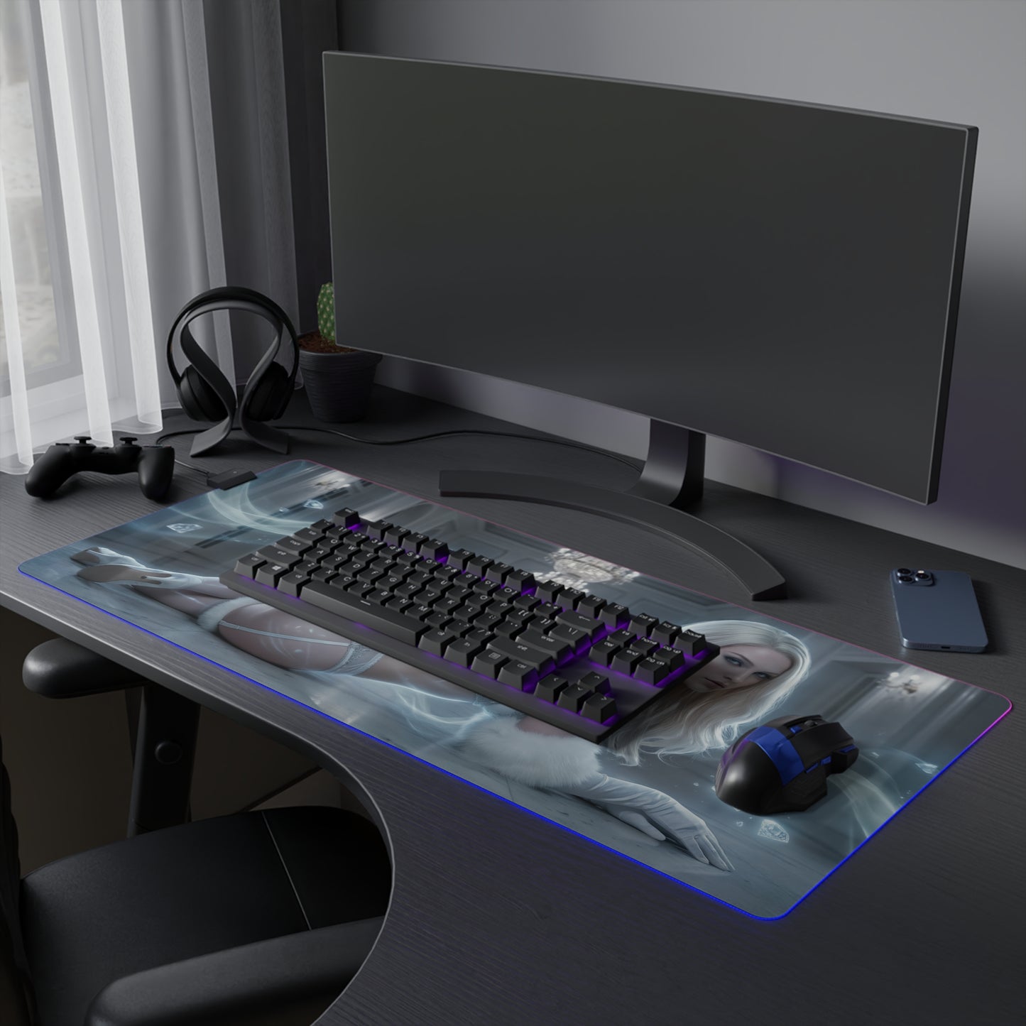 Marvel Mouse Pad, Emma Frost Illuminated LED Desk Mat, Gift for Gamer, Superhero Room Decor — large LED gaming desk mat with Emma Frost art