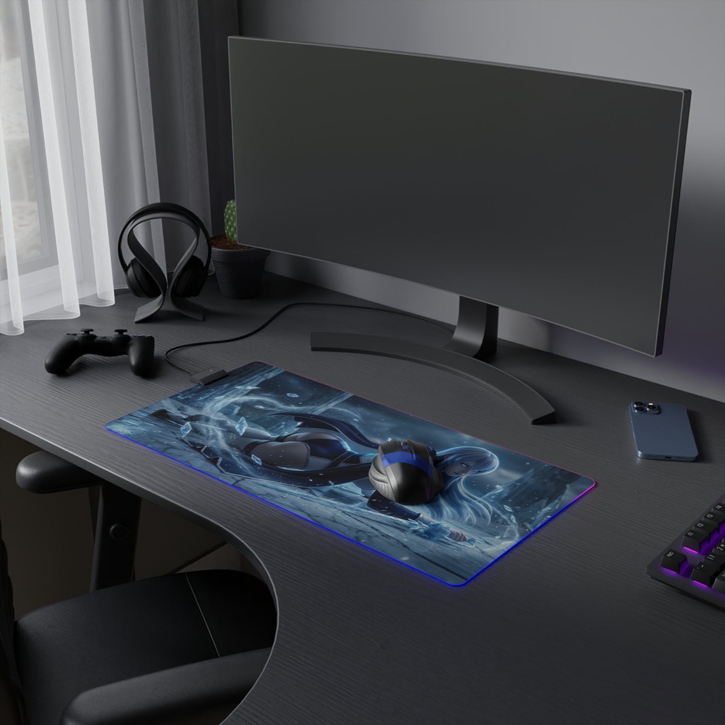 Akame ga Kill Mouse Pad, Esdeath LED RGB Desk Mat, Gift for Gamer, Anime Room Decor — Esdeath frost-themed RGB desk mat on gaming setup