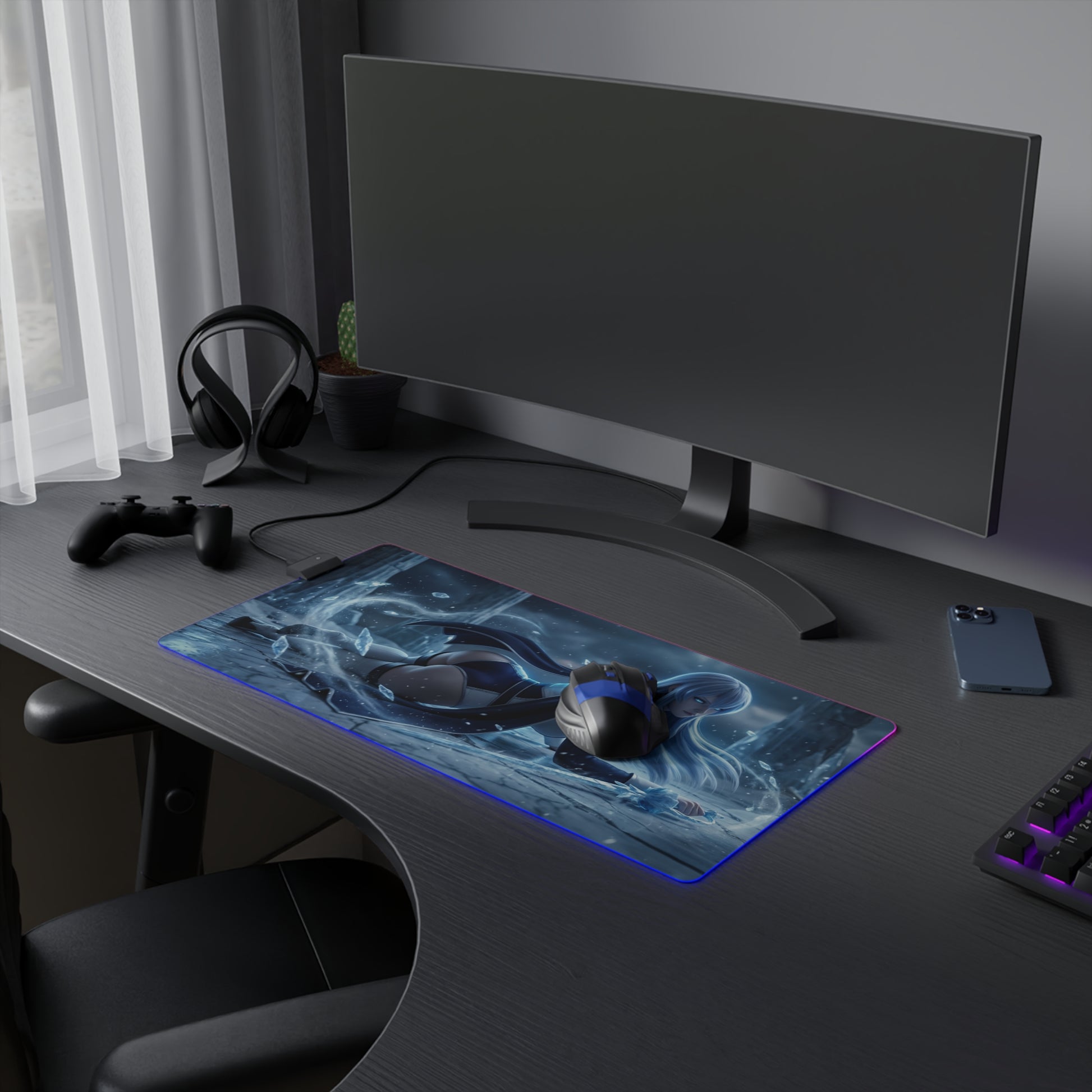 Akame ga Kill Mouse Pad, Esdeath LED RGB Desk Mat, Gift for Gamer, Anime Room Decor — Esdeath frost-themed RGB desk mat on gaming setup