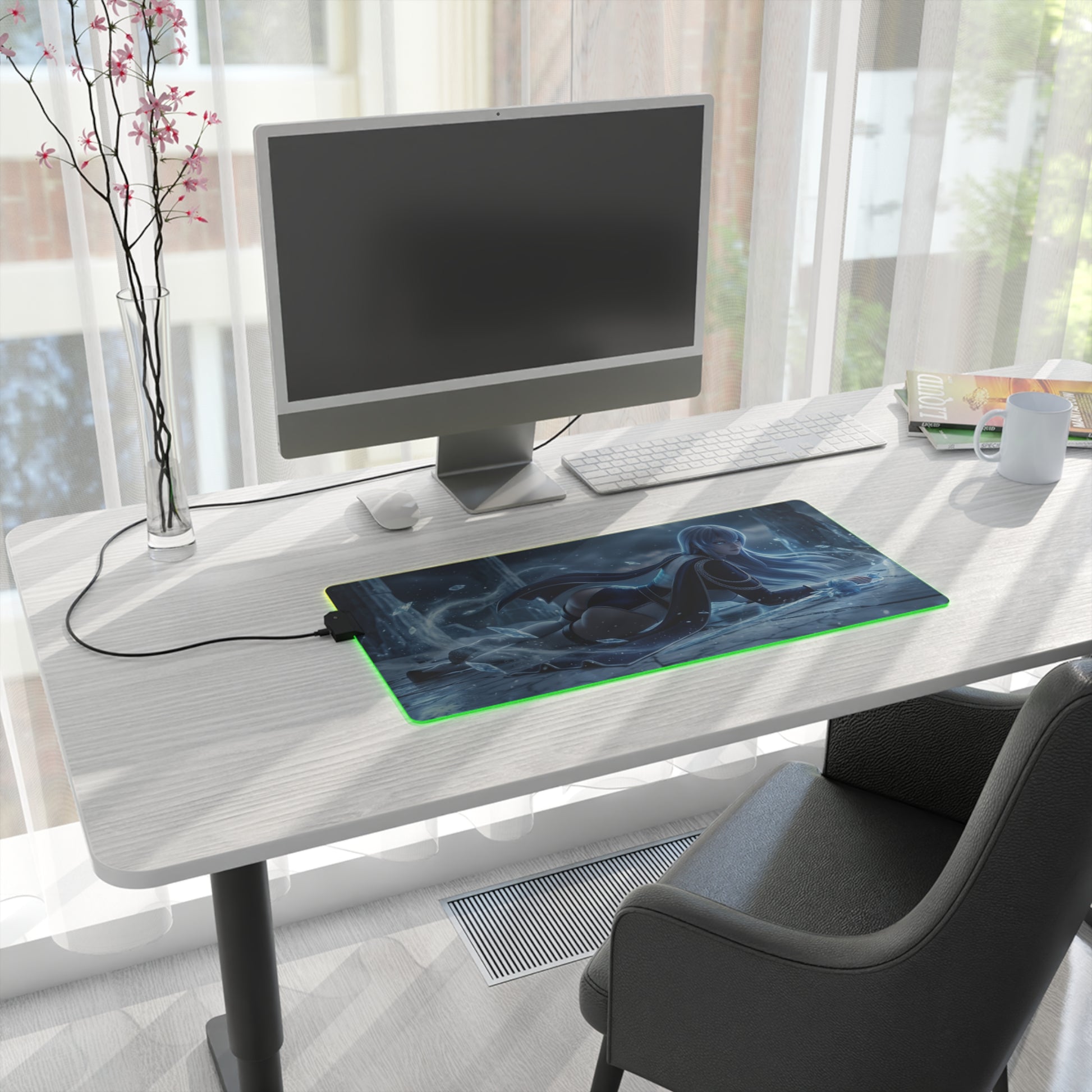 Akame ga Kill Mouse Pad, Esdeath LED RGB Desk Mat, Gift for Gamer, Anime Room Decor on a modern desk with icy Esdeath artwork and green RGB lighting