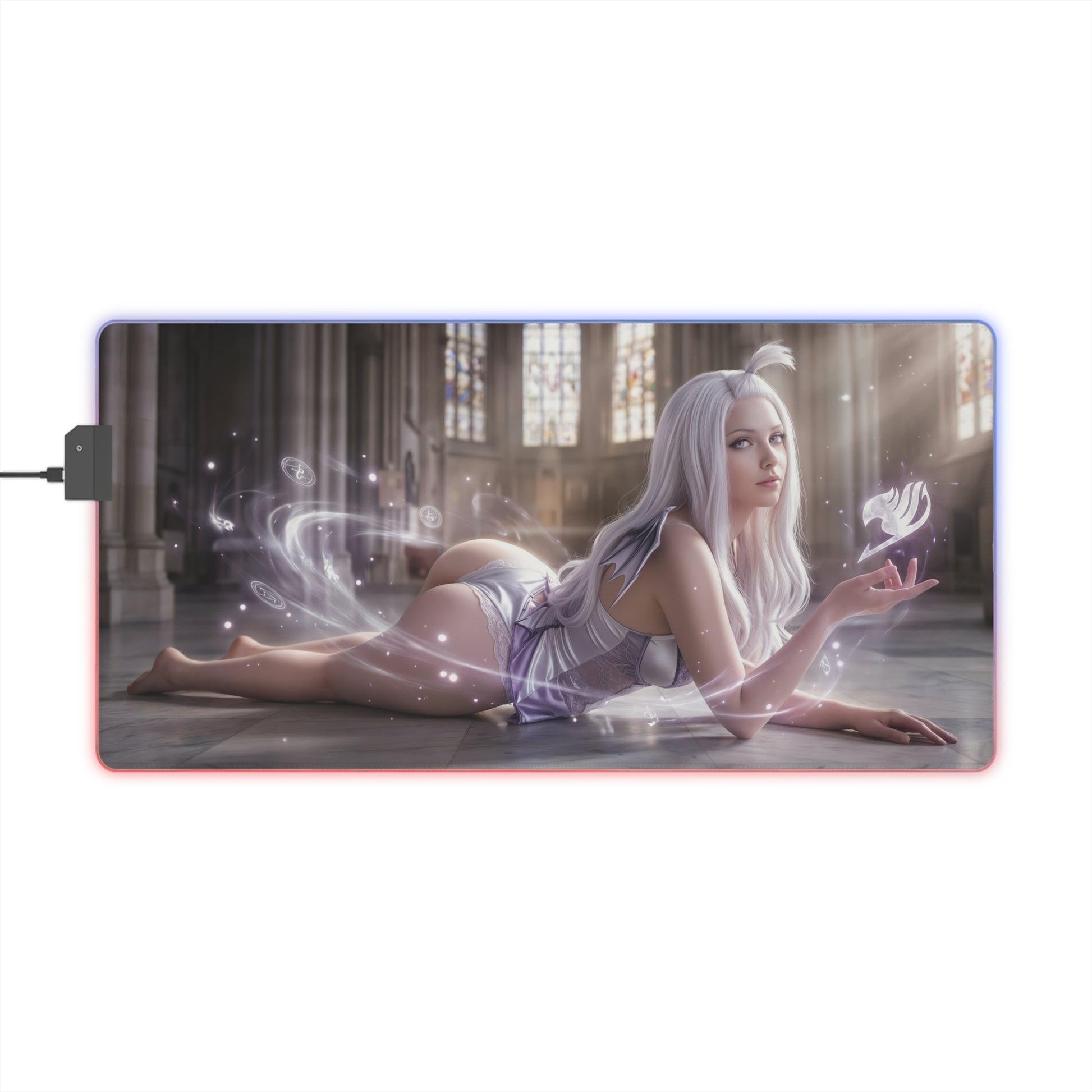 Fairy Tail Mouse Pad, Mirajane Strauss LED RGB Desk Mat, Gift for Gamer, Anime Room Decor – luminous Mirajane lying pose with glowing arcane magic on RGB desk mat.
