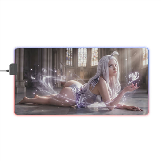 Fairy Tail Mouse Pad, Mirajane Strauss LED RGB Desk Mat, Gift for Gamer, Anime Room Decor – luminous Mirajane lying pose with glowing arcane magic on RGB desk mat.