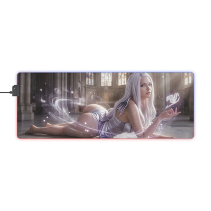 Fairy Tail Mouse Pad, Mirajane Strauss LED RGB Desk Mat, Gift for Gamer, Anime Room Decor — glowing Mirajane on large RGB desk mat for gaming