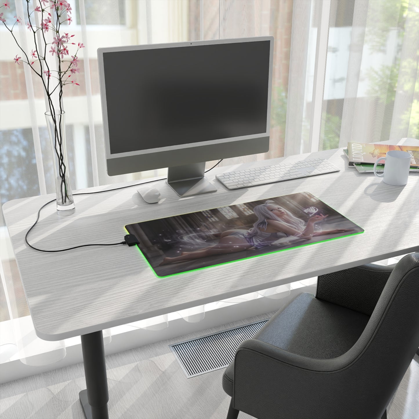 Fairy Tail Mouse Pad, Mirajane Strauss LED RGB Desk Mat, Gift for Gamer, Anime Room Decor — illuminated large gaming desk mat with Mirajane art