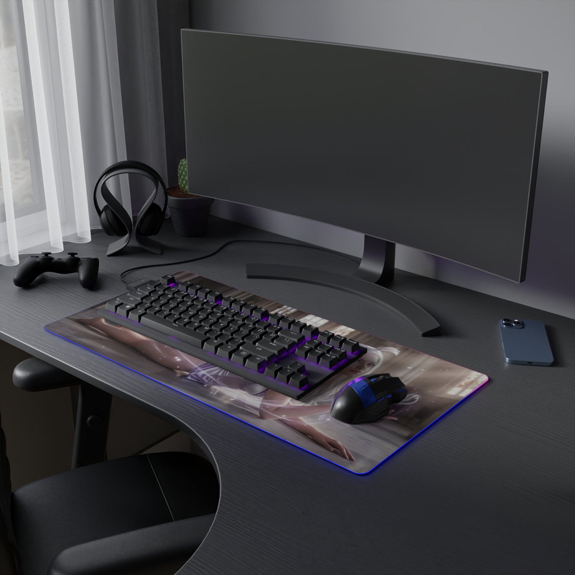 Fairy Tail Mouse Pad, Mirajane Strauss LED RGB Desk Mat, Gift for Gamer, Anime Room Decor — RGB-lit large gaming desk mat featuring Mirajane artwork and smooth cloth surface