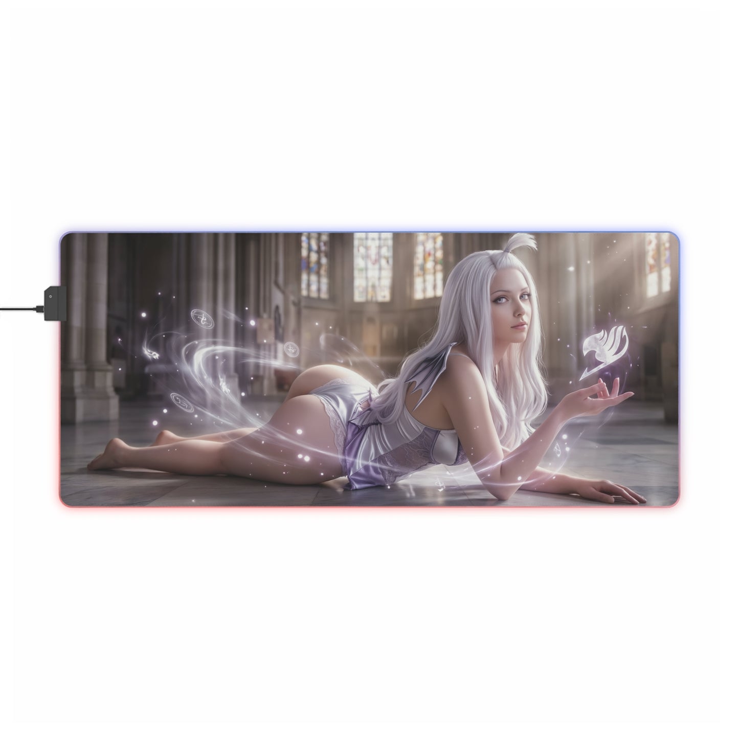 Fairy Tail Mouse Pad, Mirajane Strauss LED RGB Desk Mat, Gift for Gamer, Anime Room Decor — reclining Mirajane with glowing arcane light on LED RGB desk mat