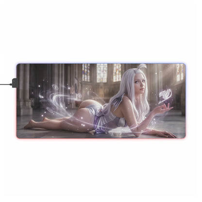 Fairy Tail Mouse Pad, Mirajane Strauss LED RGB Desk Mat, Gift for Gamer, Anime Room Decor — reclining Mirajane with glowing arcane light on LED RGB desk mat