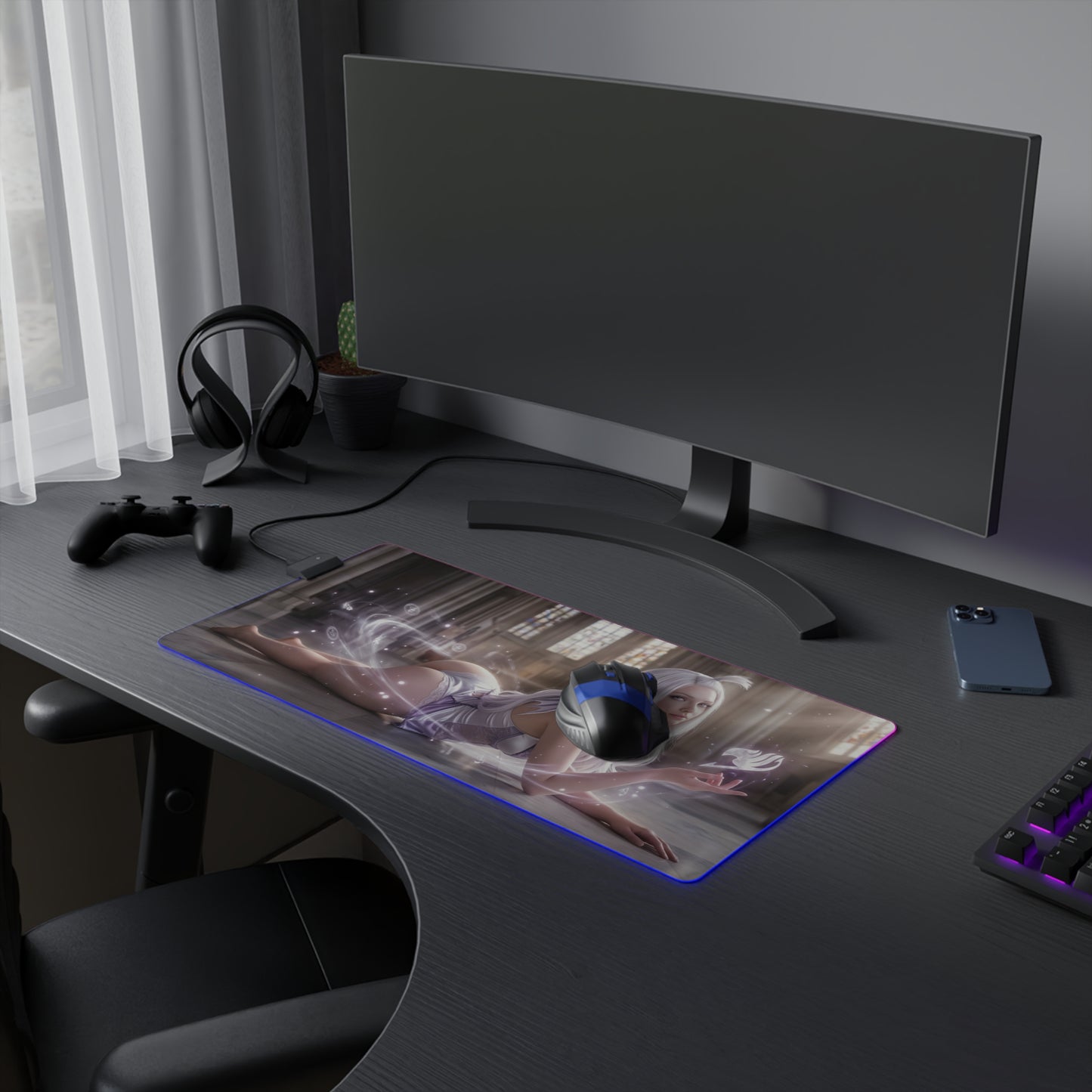 Fairy Tail Mouse Pad, Mirajane Strauss LED RGB Desk Mat, Gift for Gamer, Anime Room Decor on gaming desk with RGB glow and mouse