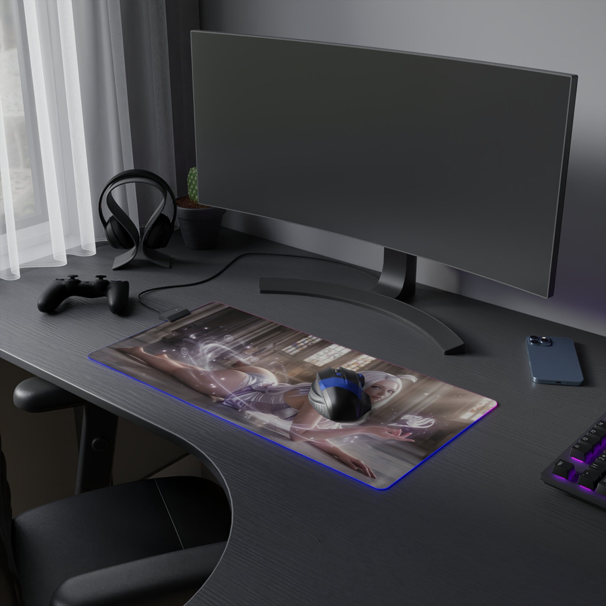 Fairy Tail Mouse Pad, Mirajane Strauss LED RGB Desk Mat, Gift for Gamer, Anime Room Decor on gaming desk with RGB glow and mouse