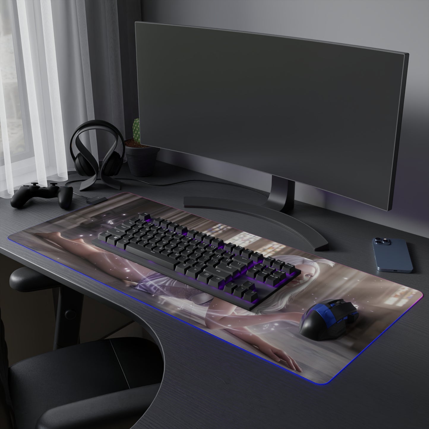 Fairy Tail Mouse Pad, Mirajane Strauss LED RGB Desk Mat, Gift for Gamer, Anime Room Decor — large RGB desk mat with serene Mirajane art under keyboard and mouse