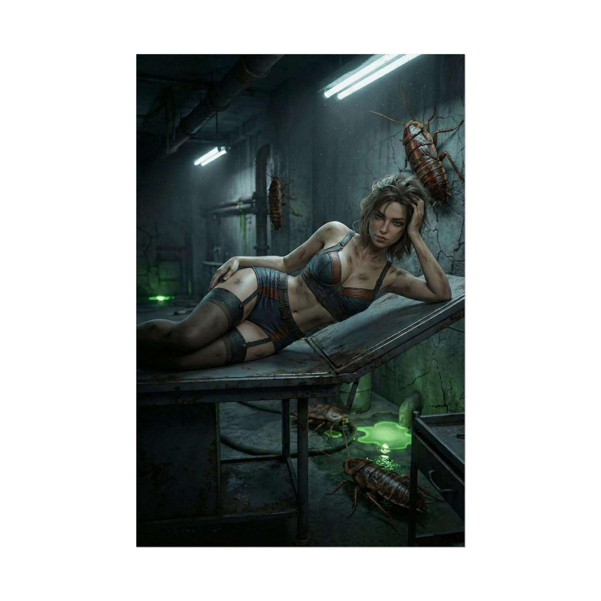 Fallout Dark Woman Poster / Fallout Wasteland Wall Art / Fallout Art Print / Fallout Poster - moody reclining wasteland woman in underground room